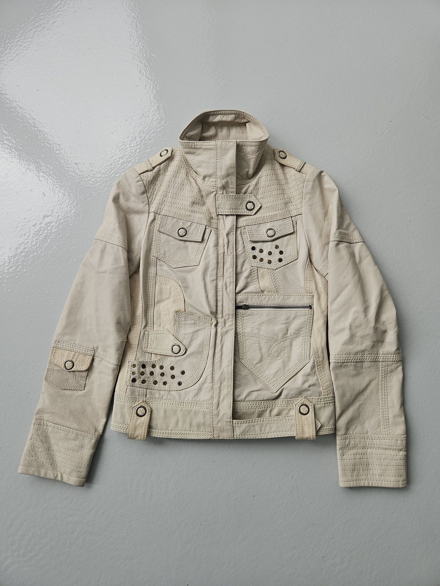 Archive y2k multipocket high collar leather jacket