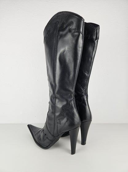 Vintage leather high heel pointed toe cowboy boots
