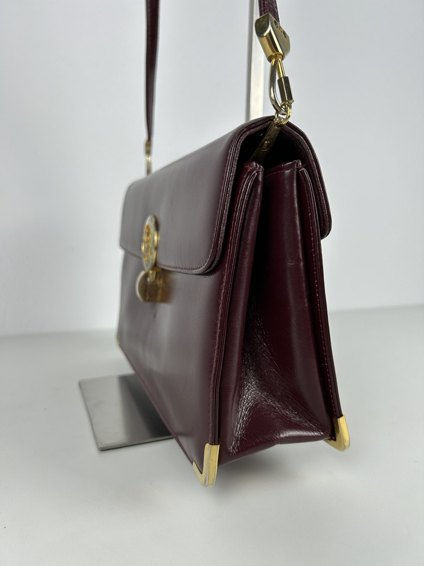 Vintage 80s Dior box calf leather burgundy handbag