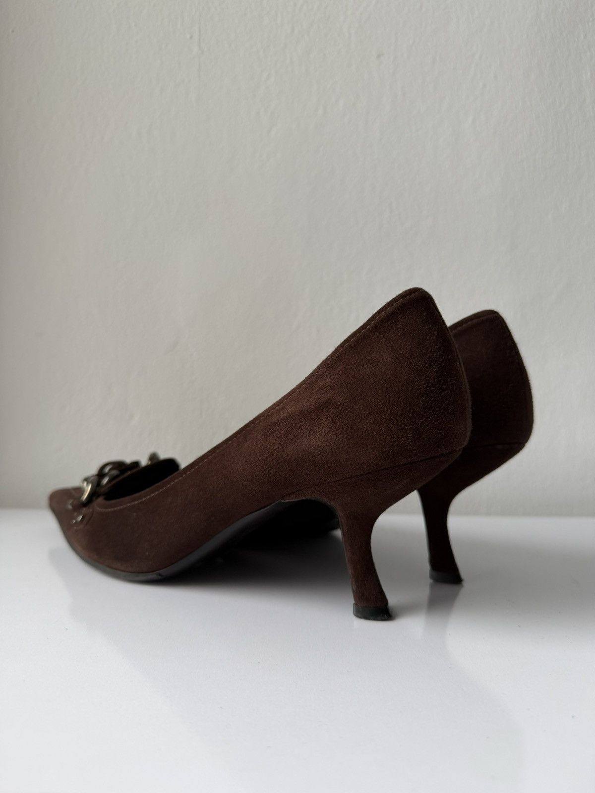 Vintage Prada suede pointed toe chain detail kitten heels