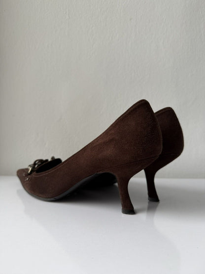 Vintage Prada suede pointed toe chain detail kitten heels