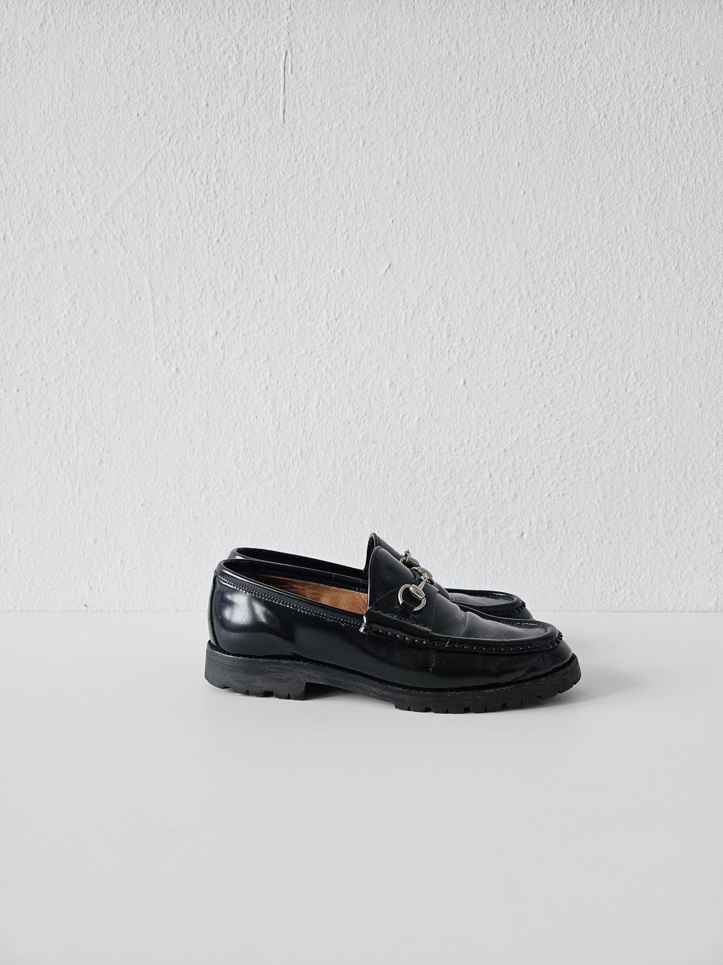 Vintage Gucci notched sole patent leather horsebit loafers