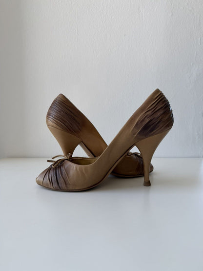 Prada pleated leather open toe pumps