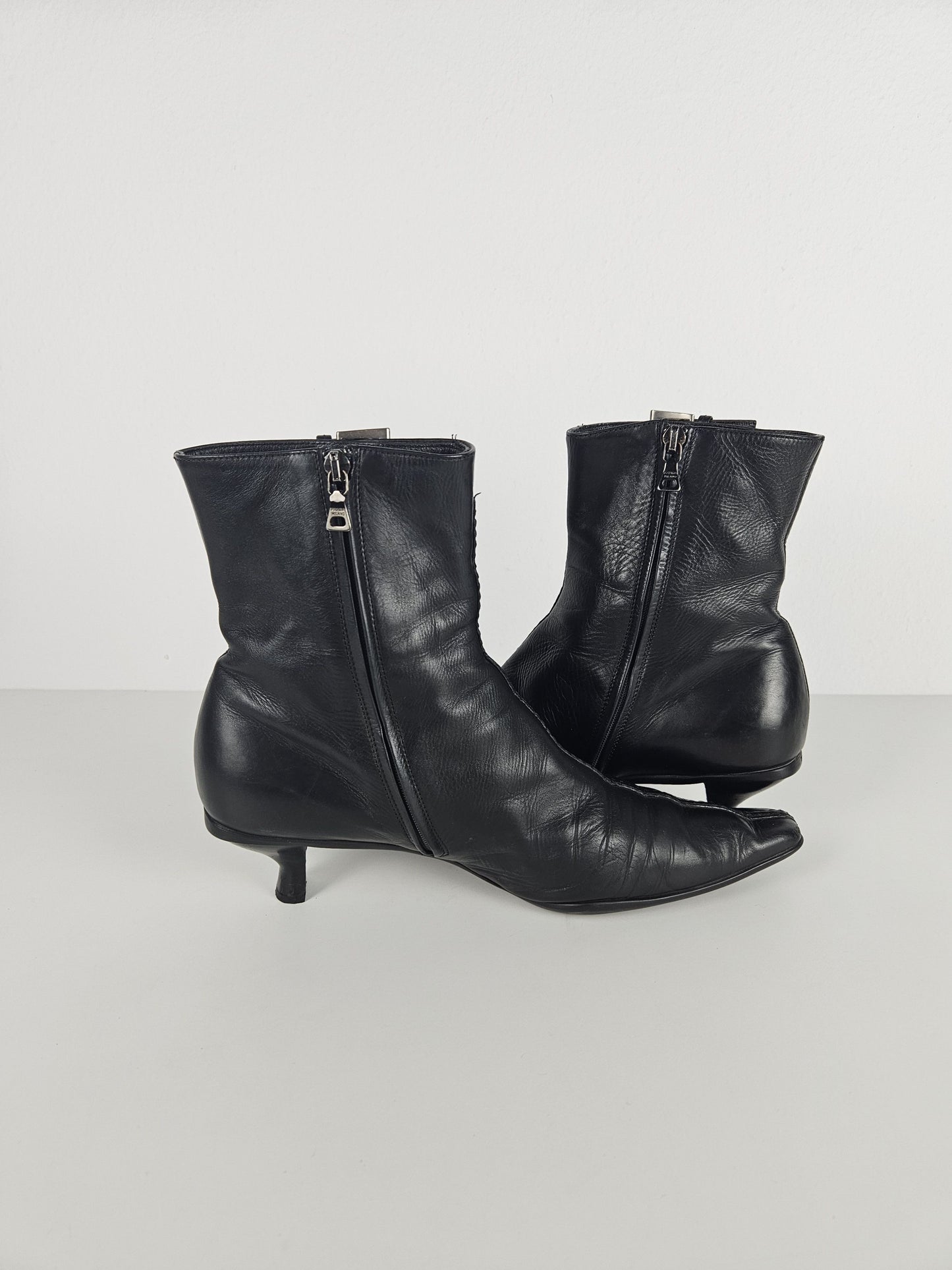 Archive Prada lamb leather kitten heel buckled ankle boots
