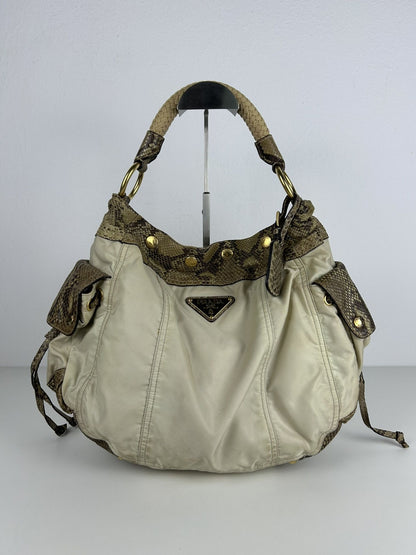 Prada python and nylon triangle logo hobo handbag