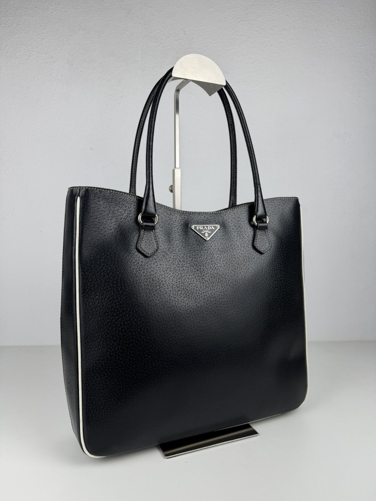 Vintage Prada leather triangle logo tote bag