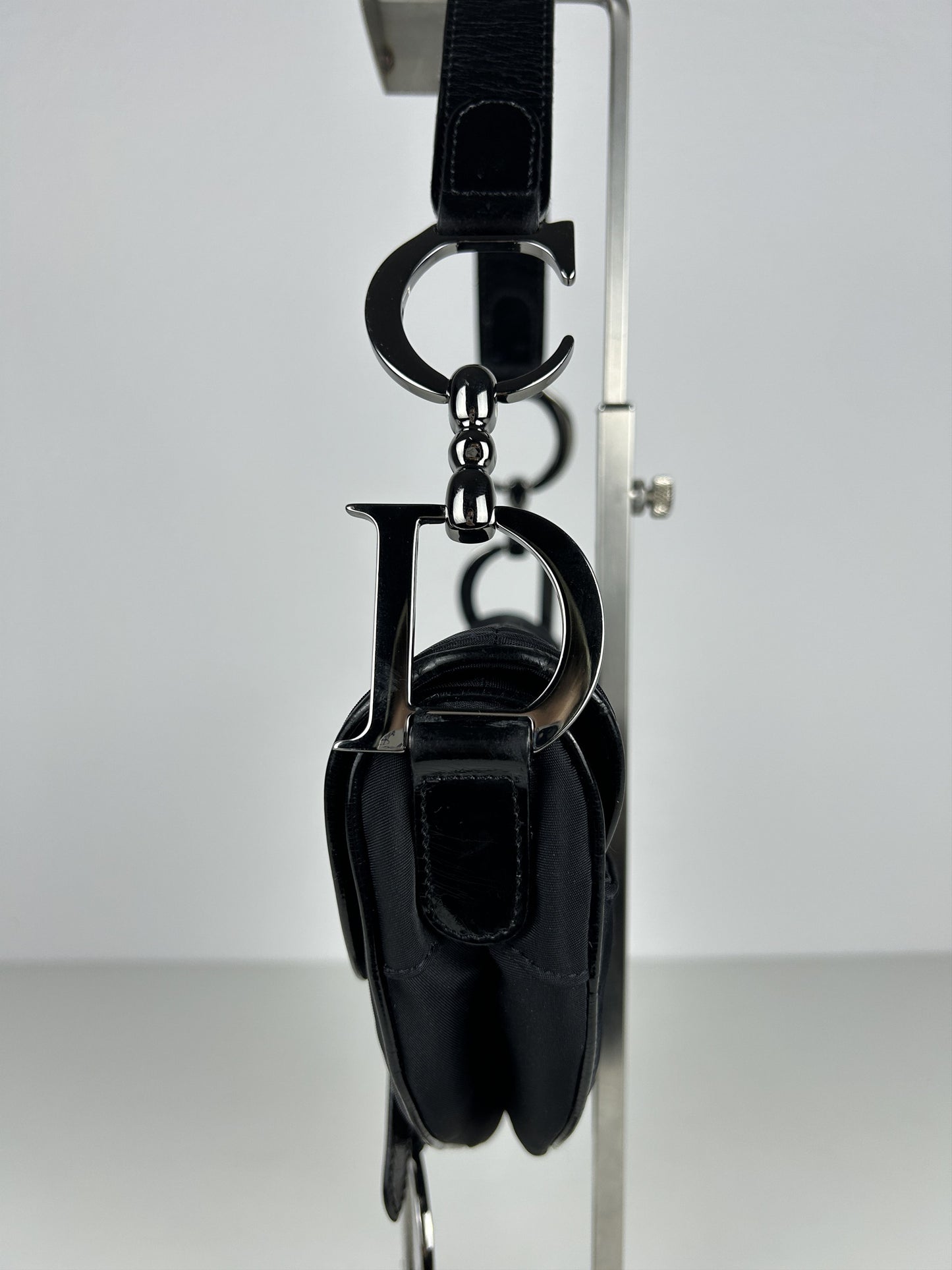 2001 Dior black satin and patent leather saddle bag