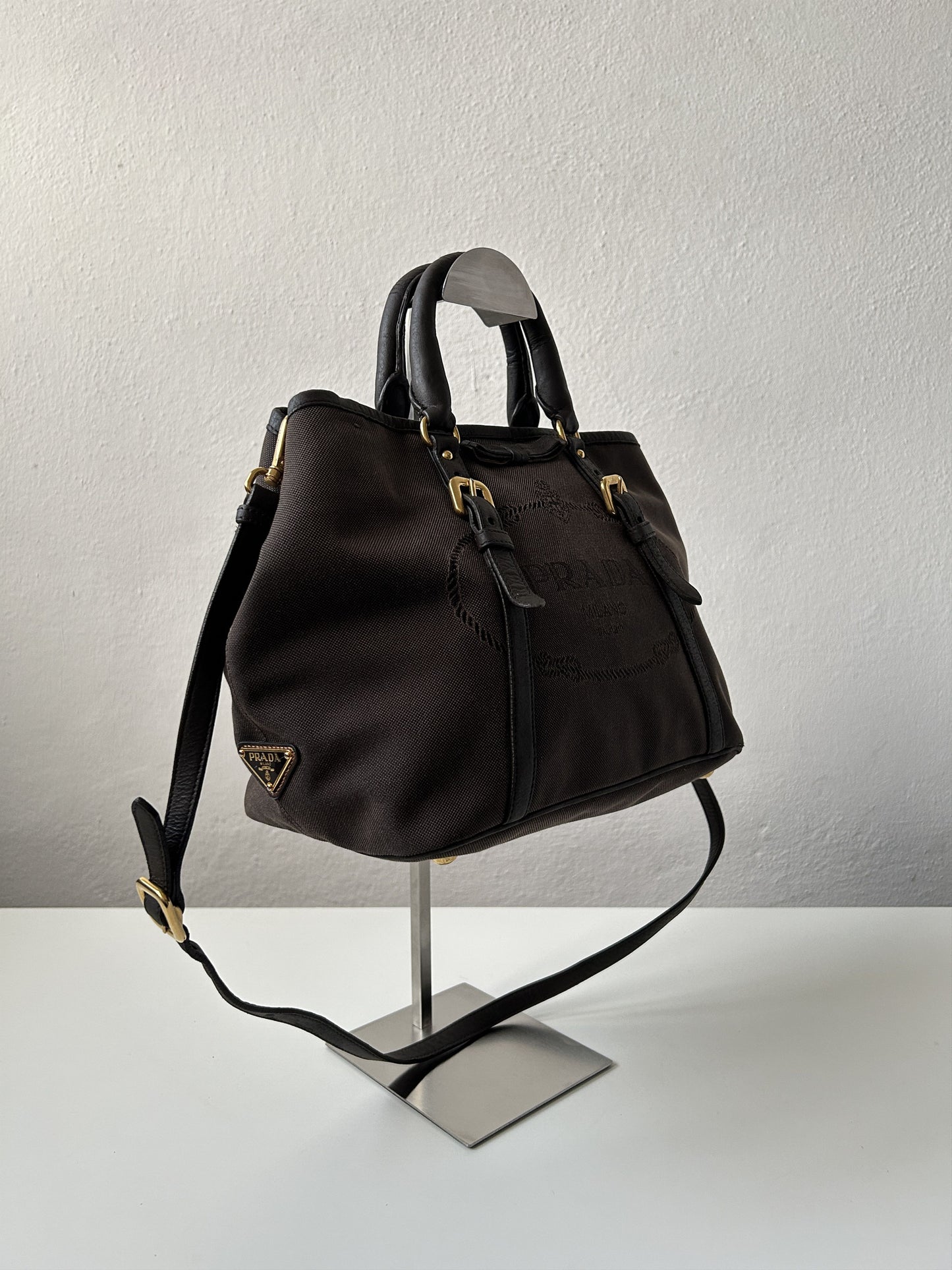Prada canvas and leather triangle logo tote bag