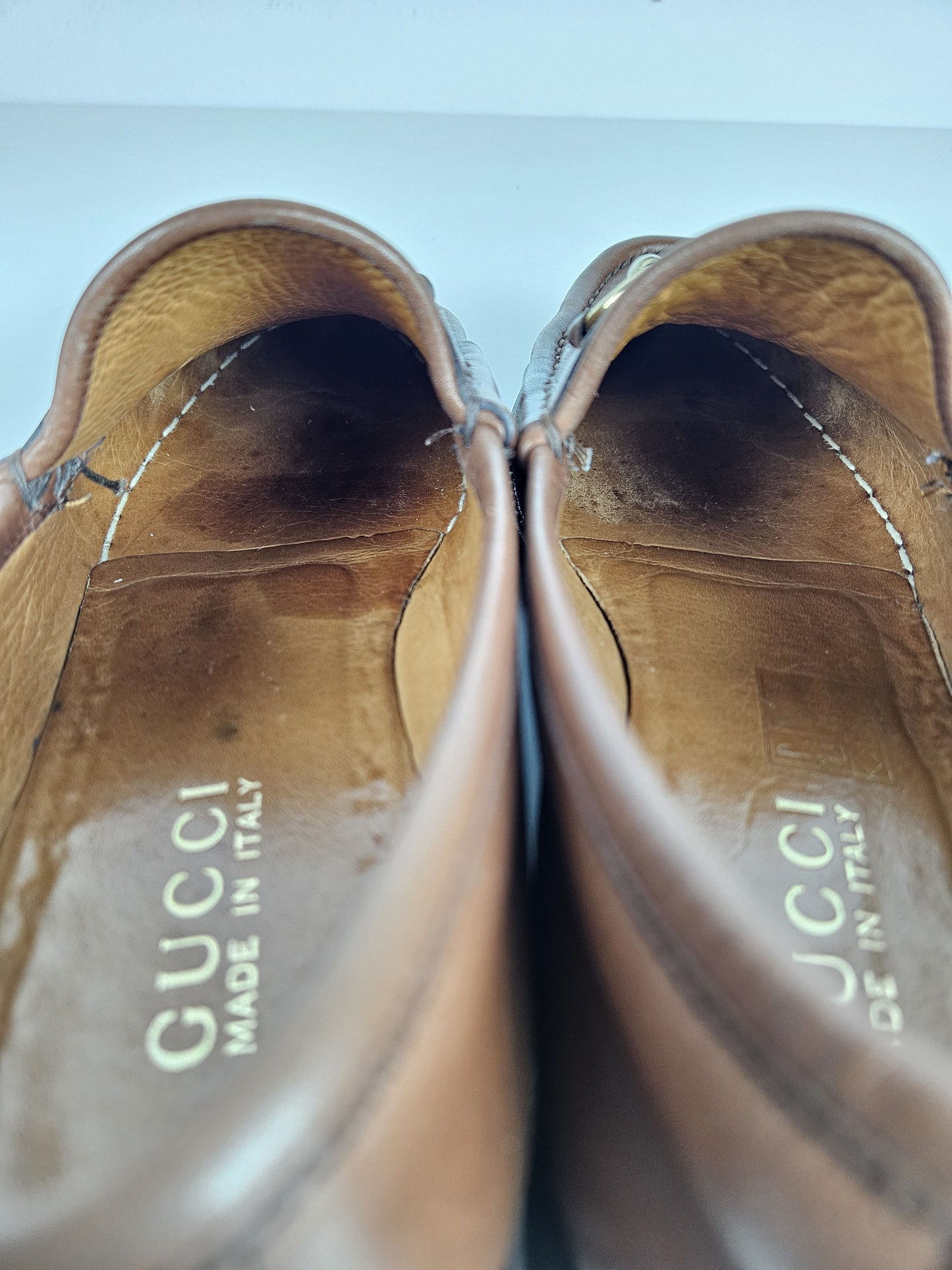 Vintage Gucci leather horsebit loafers with notched thick sole