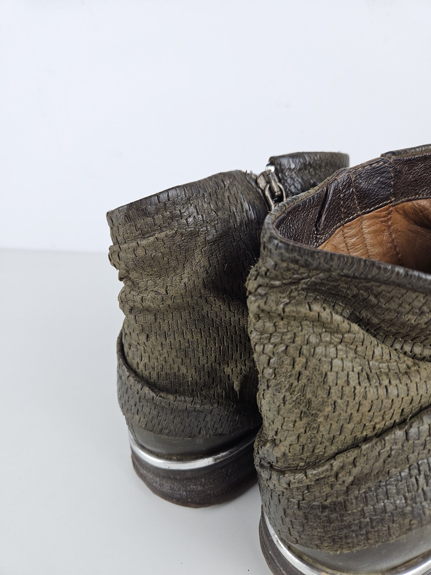 Archive AS98 olive leather bondage side zip ankle boots