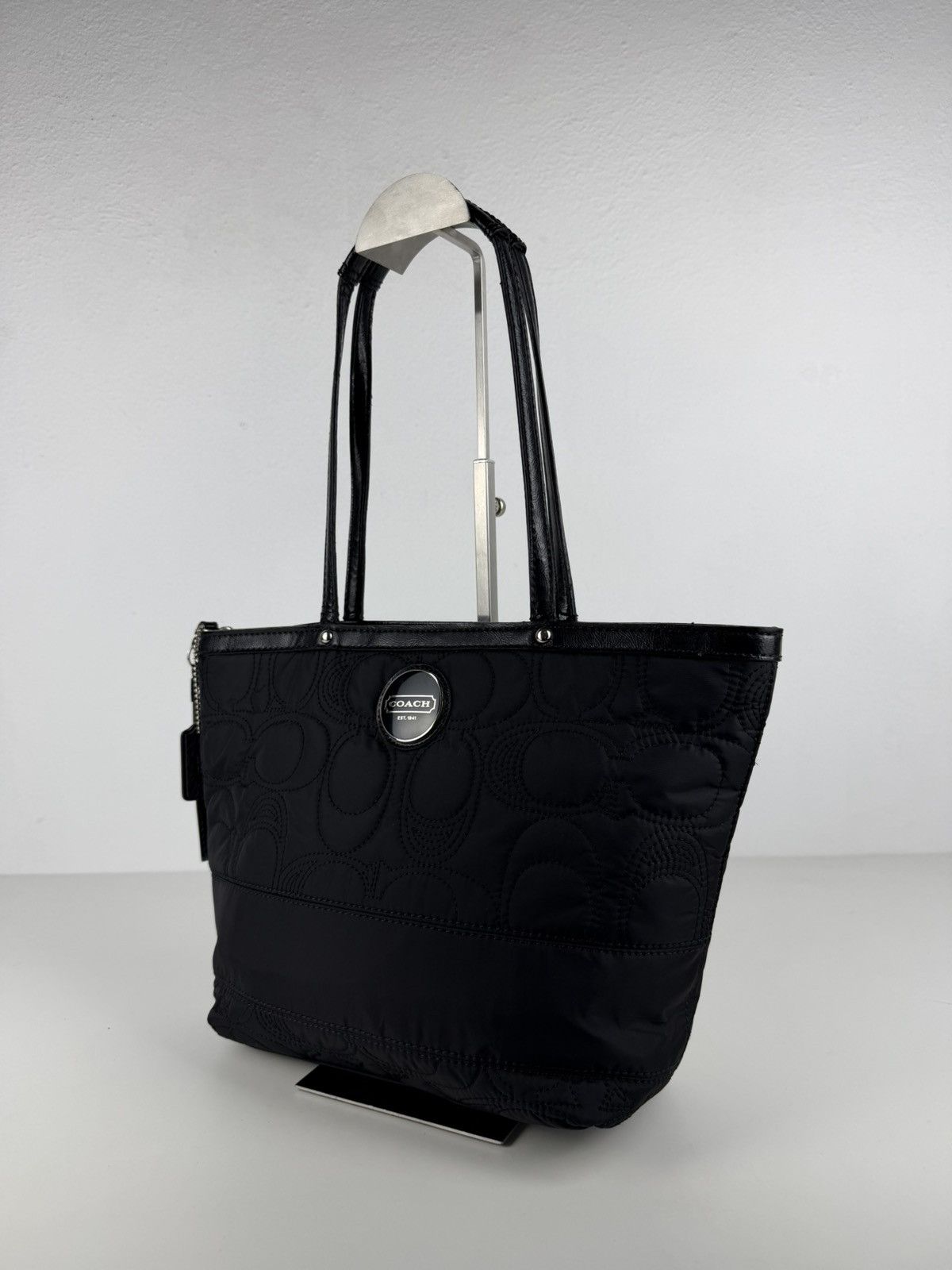 Coach signature quilted nylon and patent leather tote