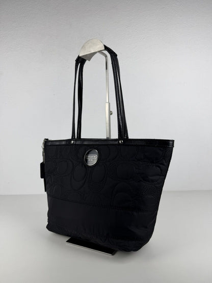 Coach signature quilted nylon and patent leather tote
