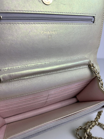 2020 Chanel gold metallic matelasse wallet on chain