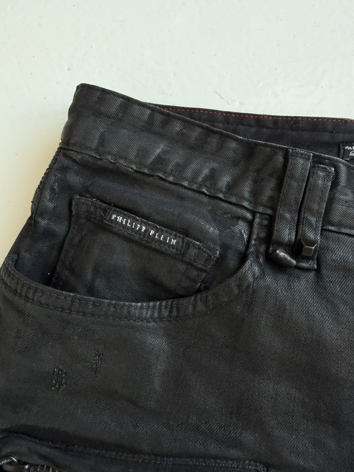 Philipp Plein born&raised distressed waxed biker denim