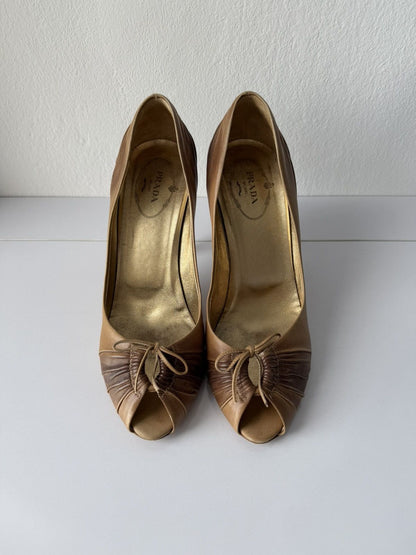 Prada pleated leather open toe pumps