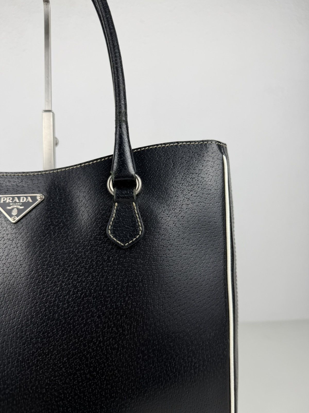 Vintage Prada leather triangle logo tote bag