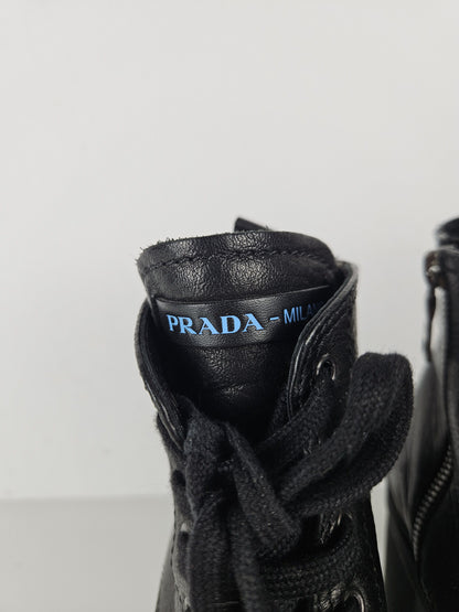 Prada lace up block heel notched sole ankle boots