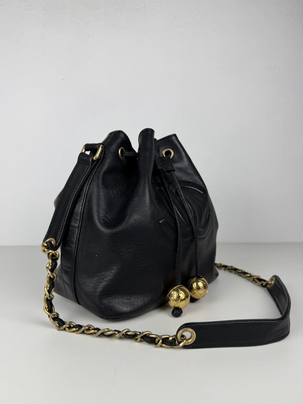 Vintage Chanel lambskin CC logo drawstring bag