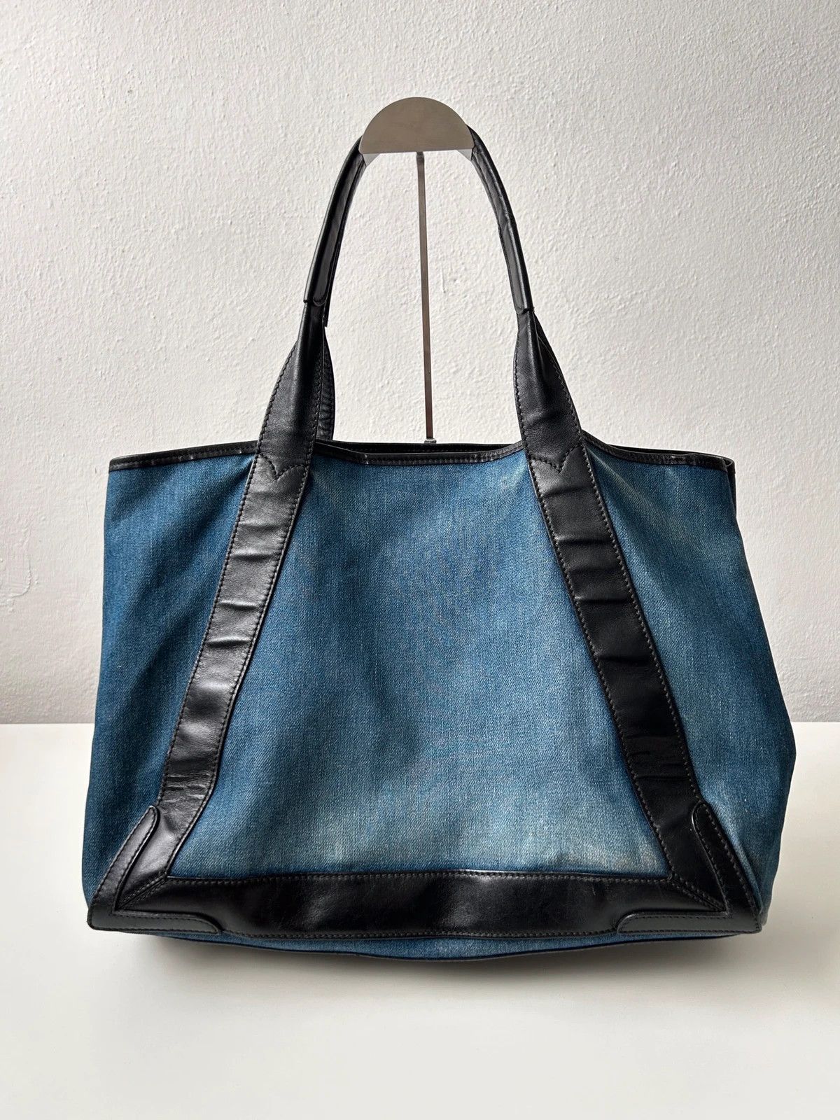 Balenciaga denim leather navy cabas m tote bag with pouch