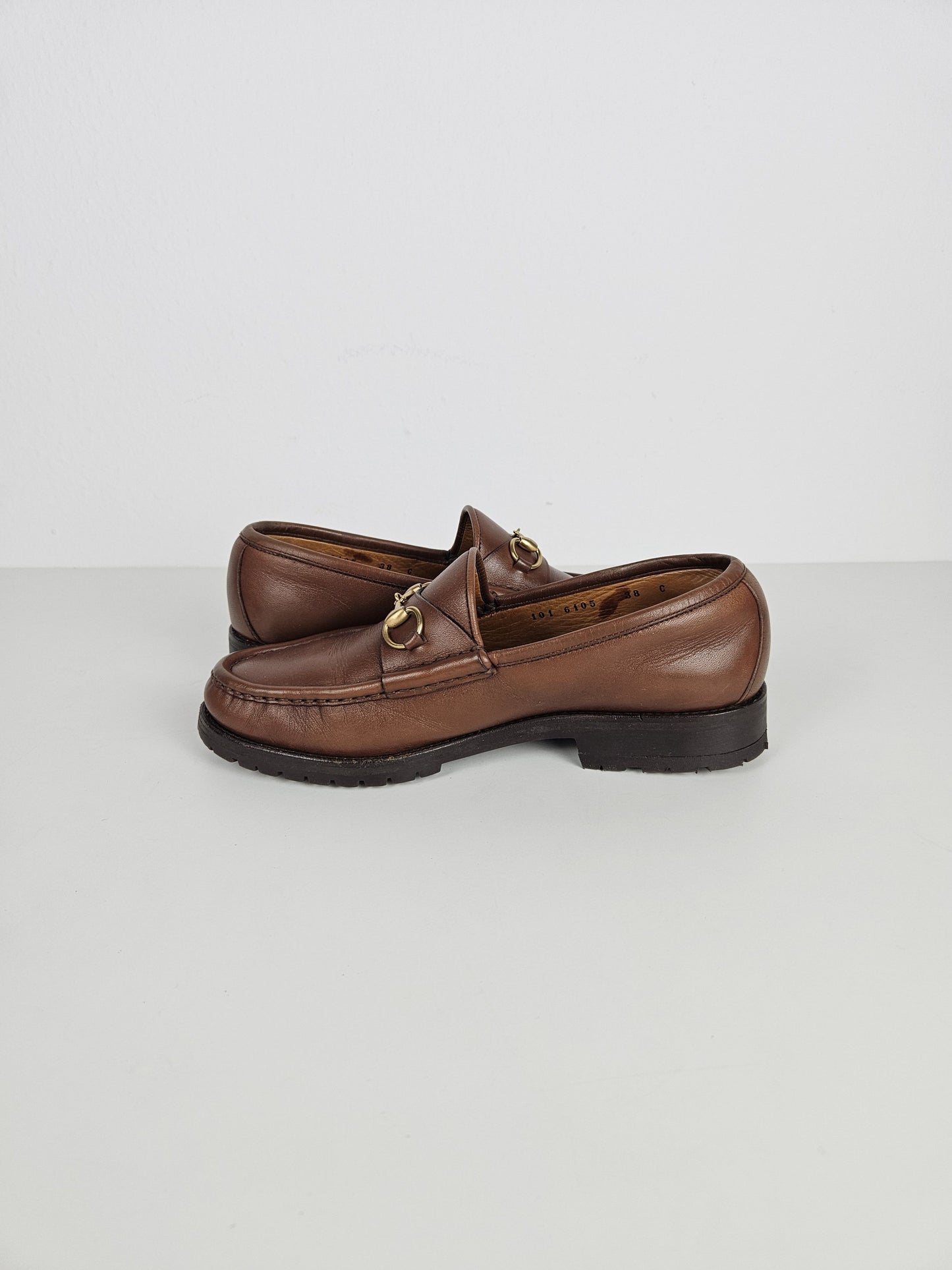 Vintage Gucci leather horsebit loafers with notched thick sole