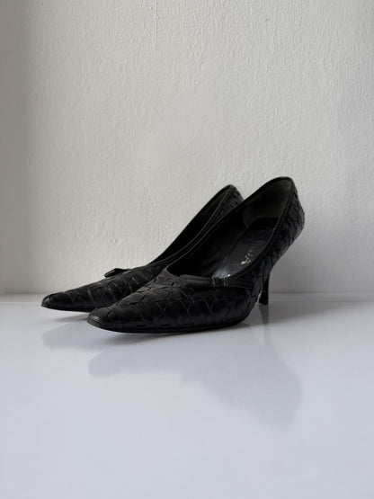 Prada woven leather long toe pumps with bow