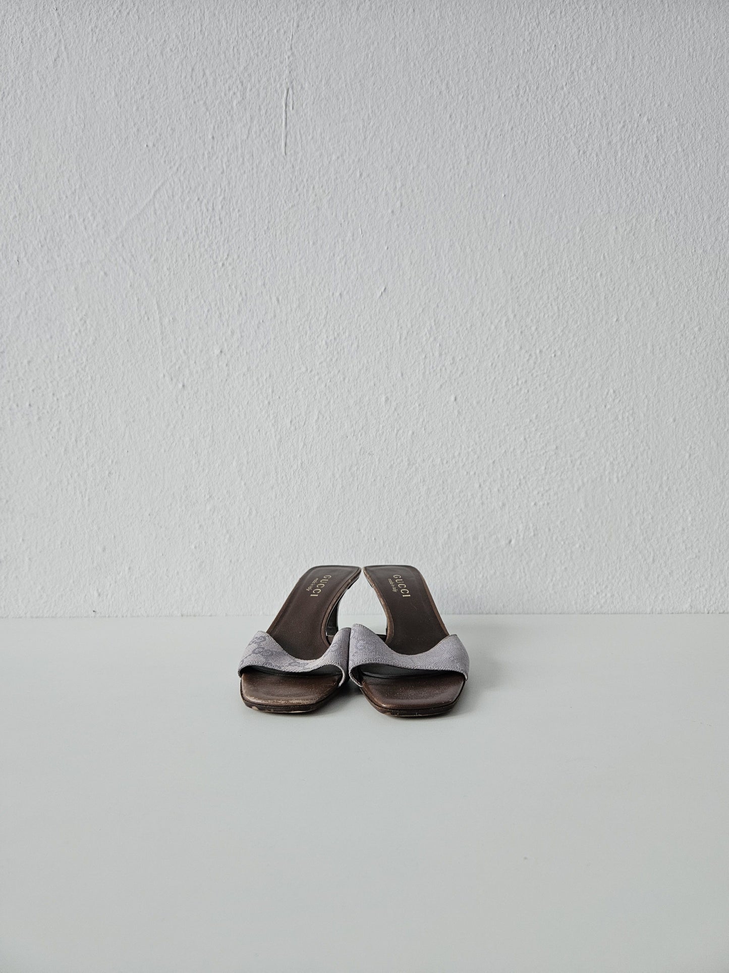 Vintage Gucci monogram canvas high heel open toe mules