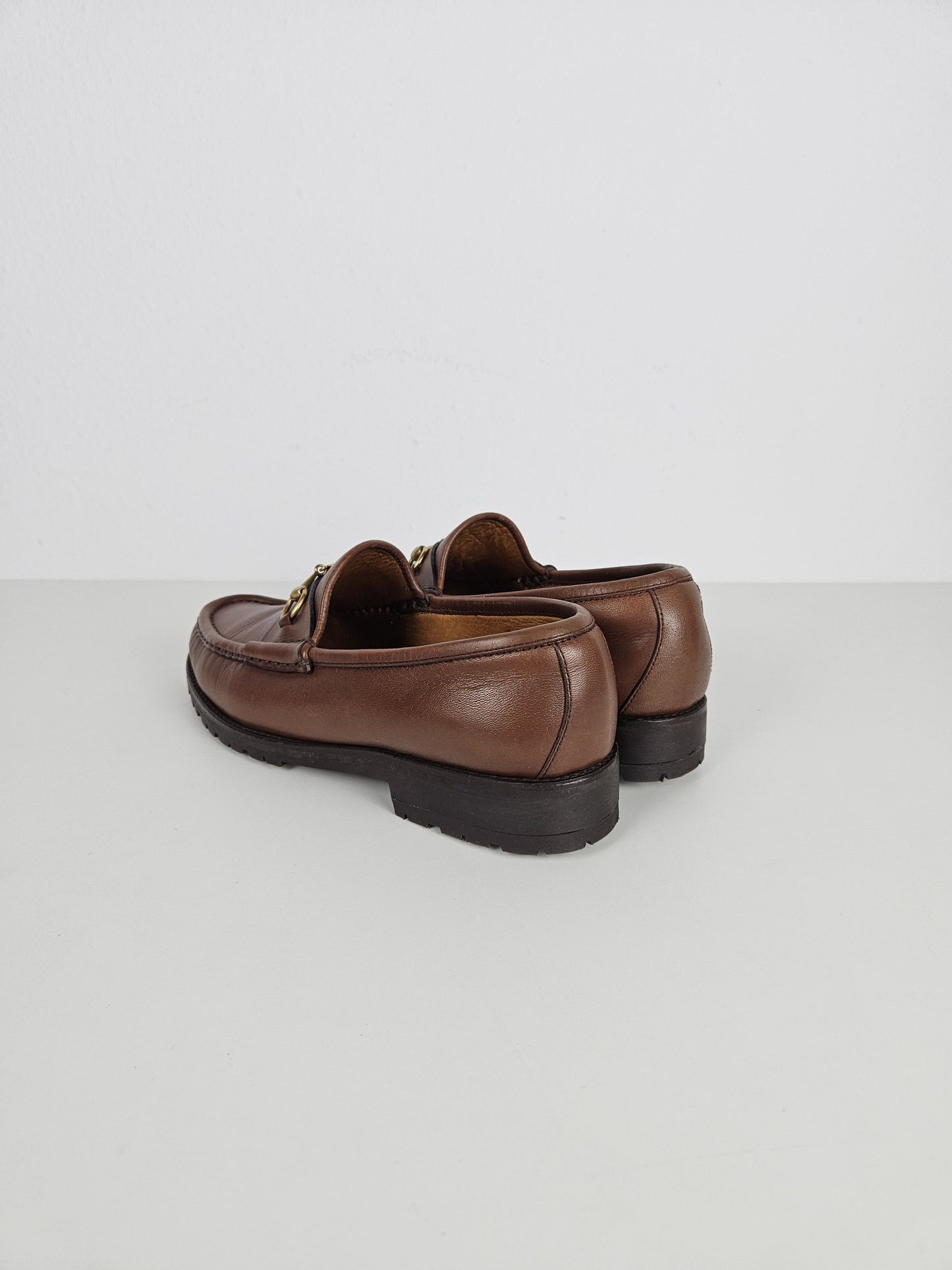 Vintage Gucci leather horsebit loafers with notched thick sole