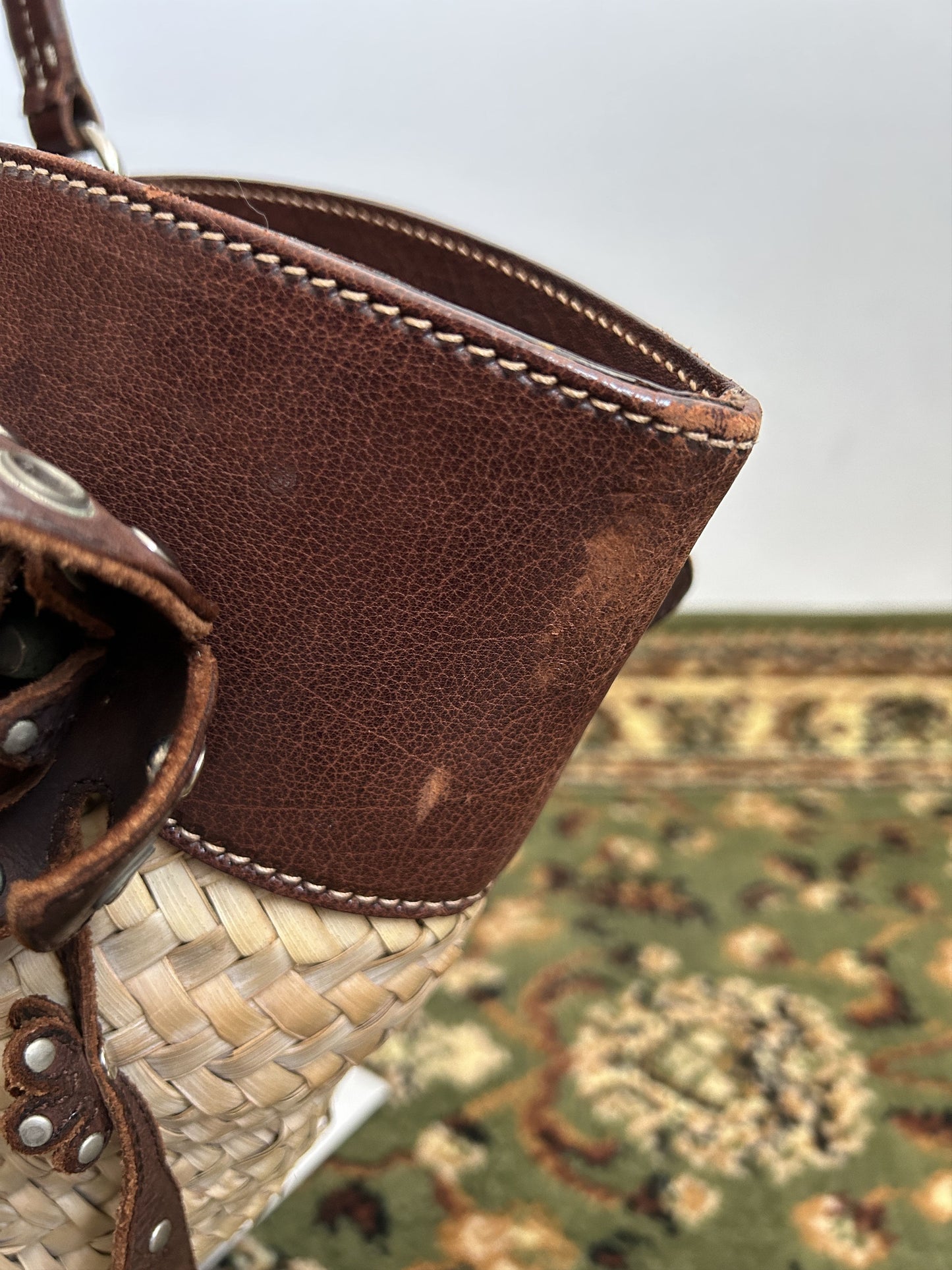 Vintage 90s archive miu miu raffia and leather tote bag