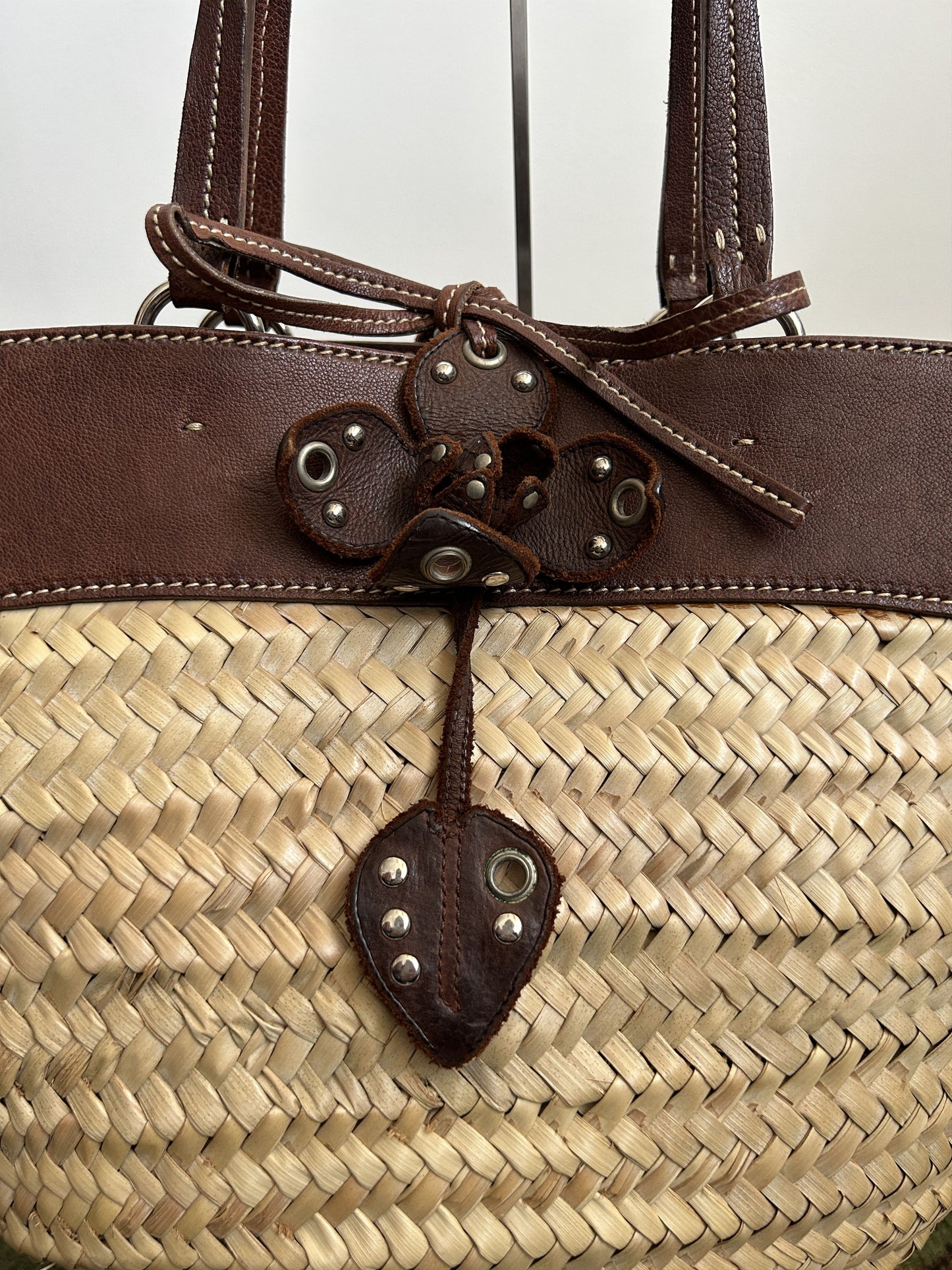 Vintage 90s archive miu miu raffia and leather tote bag