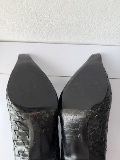Prada woven leather long toe pumps with bow
