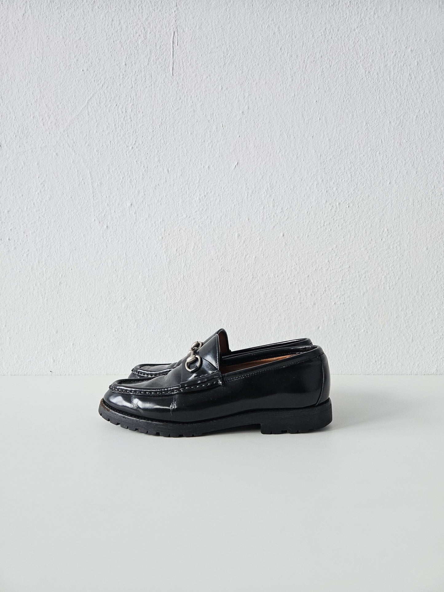 Vintage Gucci notched sole patent leather horsebit loafers