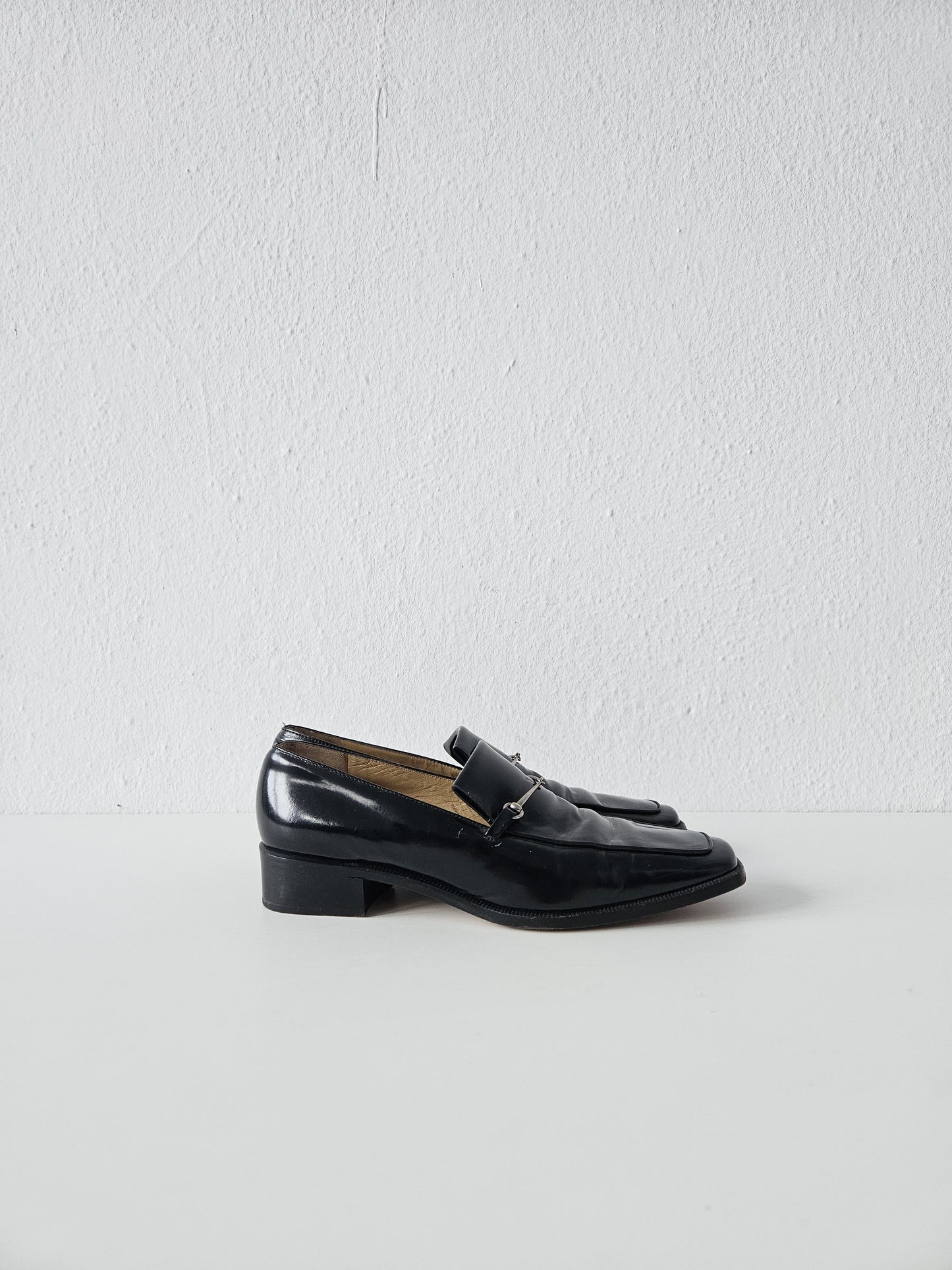 Vintage Gucci patent leather low block heel horsebit loafers