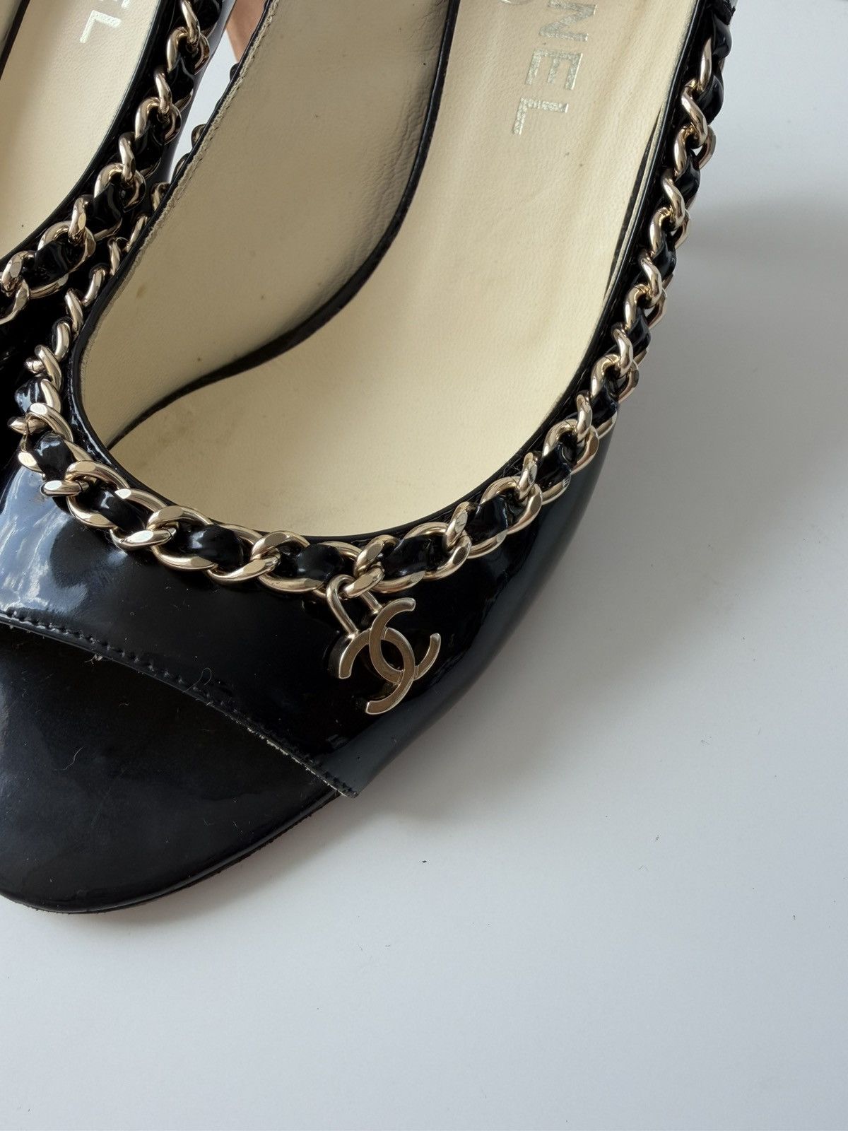 SS2011 Chanel patent leather chain open toe heels