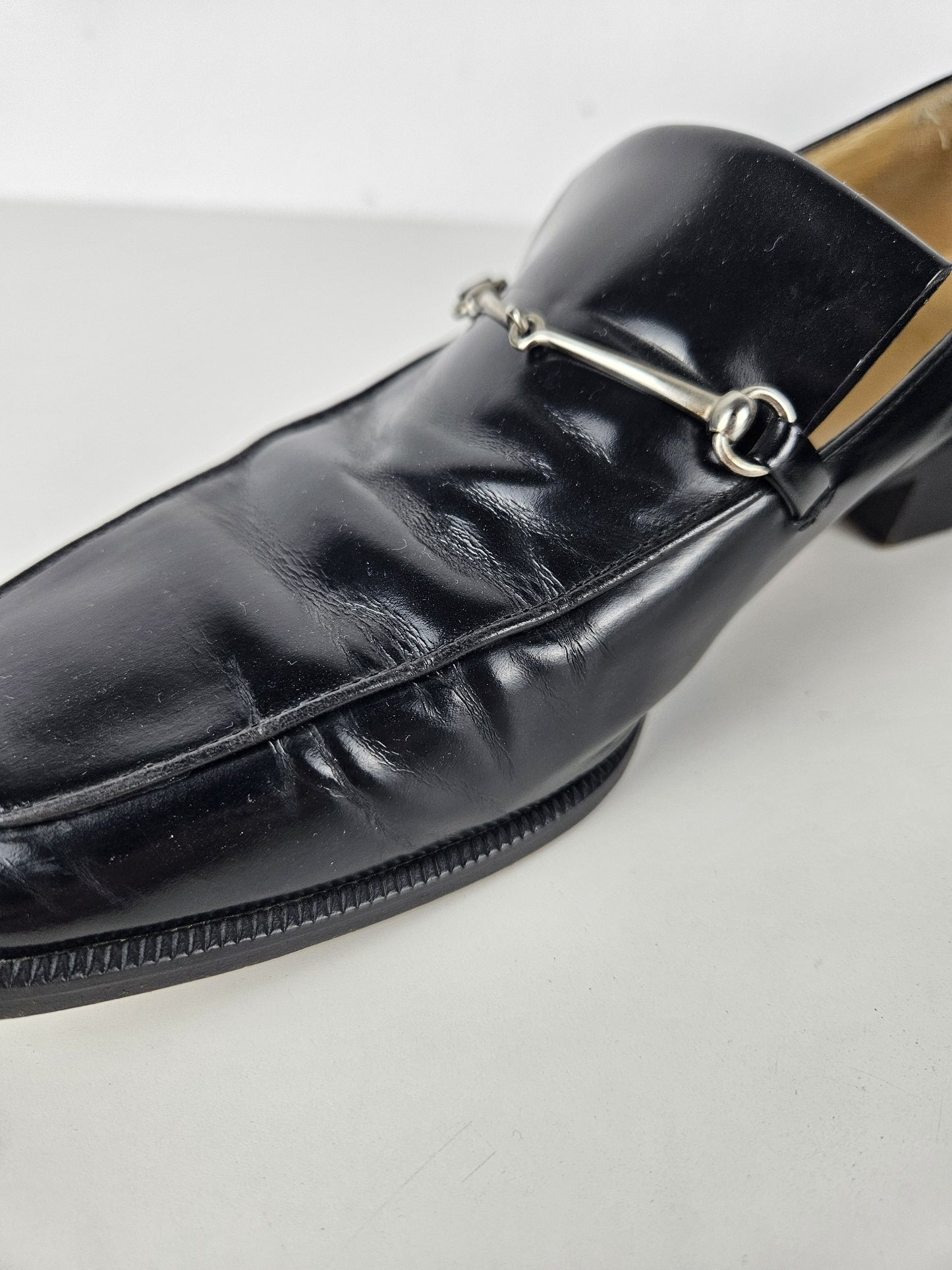 Vintage Gucci patent leather low block heel horsebit loafers