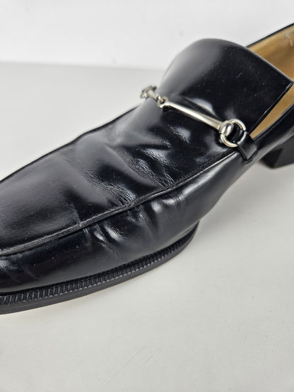 Vintage Gucci patent leather low block heel horsebit loafers