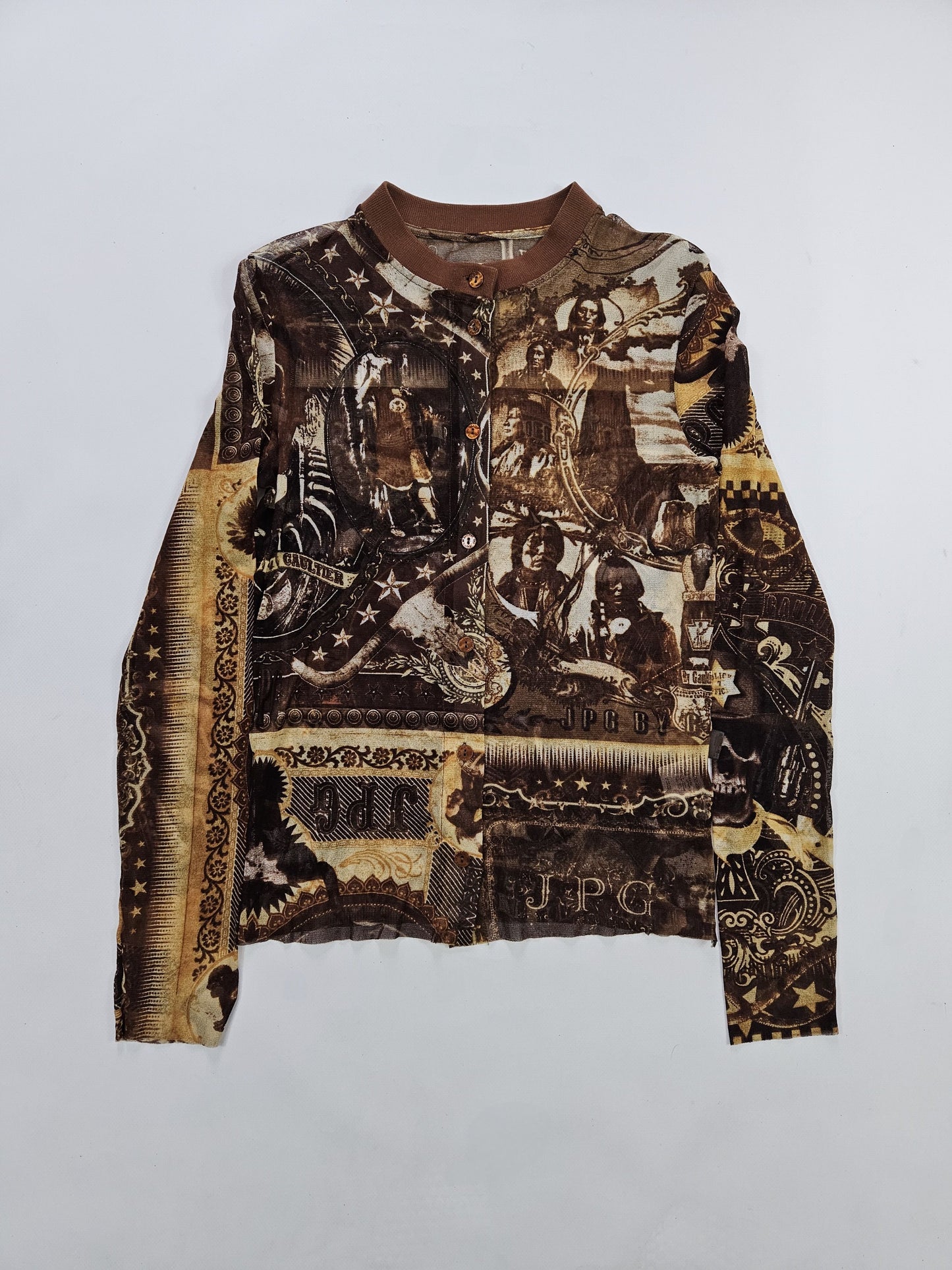 Jean Paul Gaultier jeans native american all over print button up mesh top