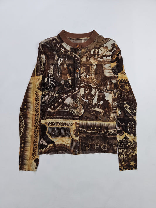 Jean Paul Gaultier jeans native american all over print button up mesh top