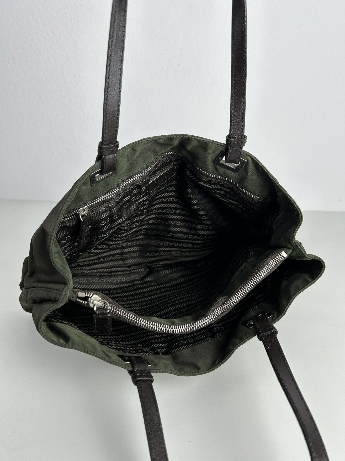 Vintage y2k prada nylon and leather triangle logo tote bag