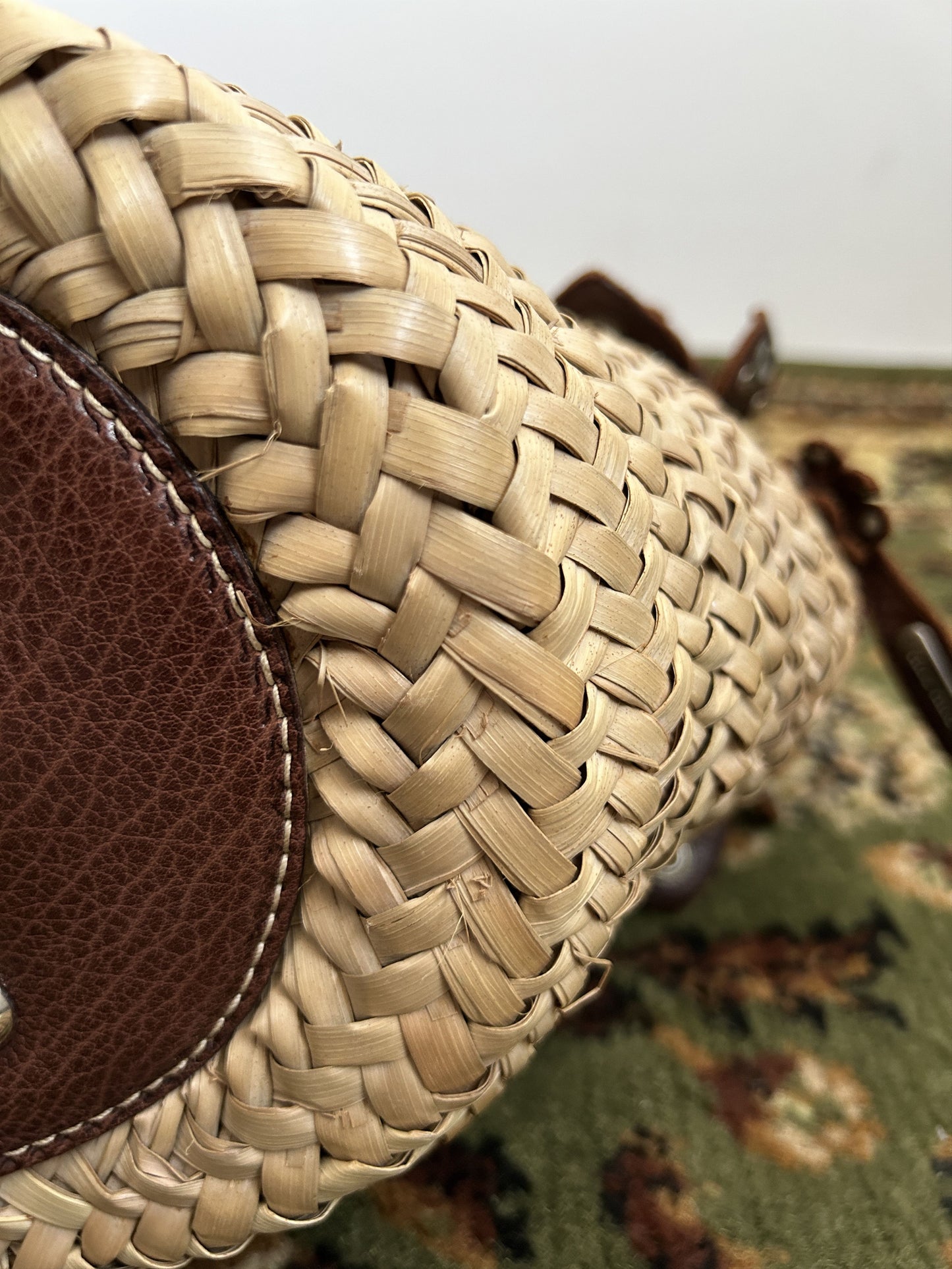 Vintage 90s archive miu miu raffia and leather tote bag