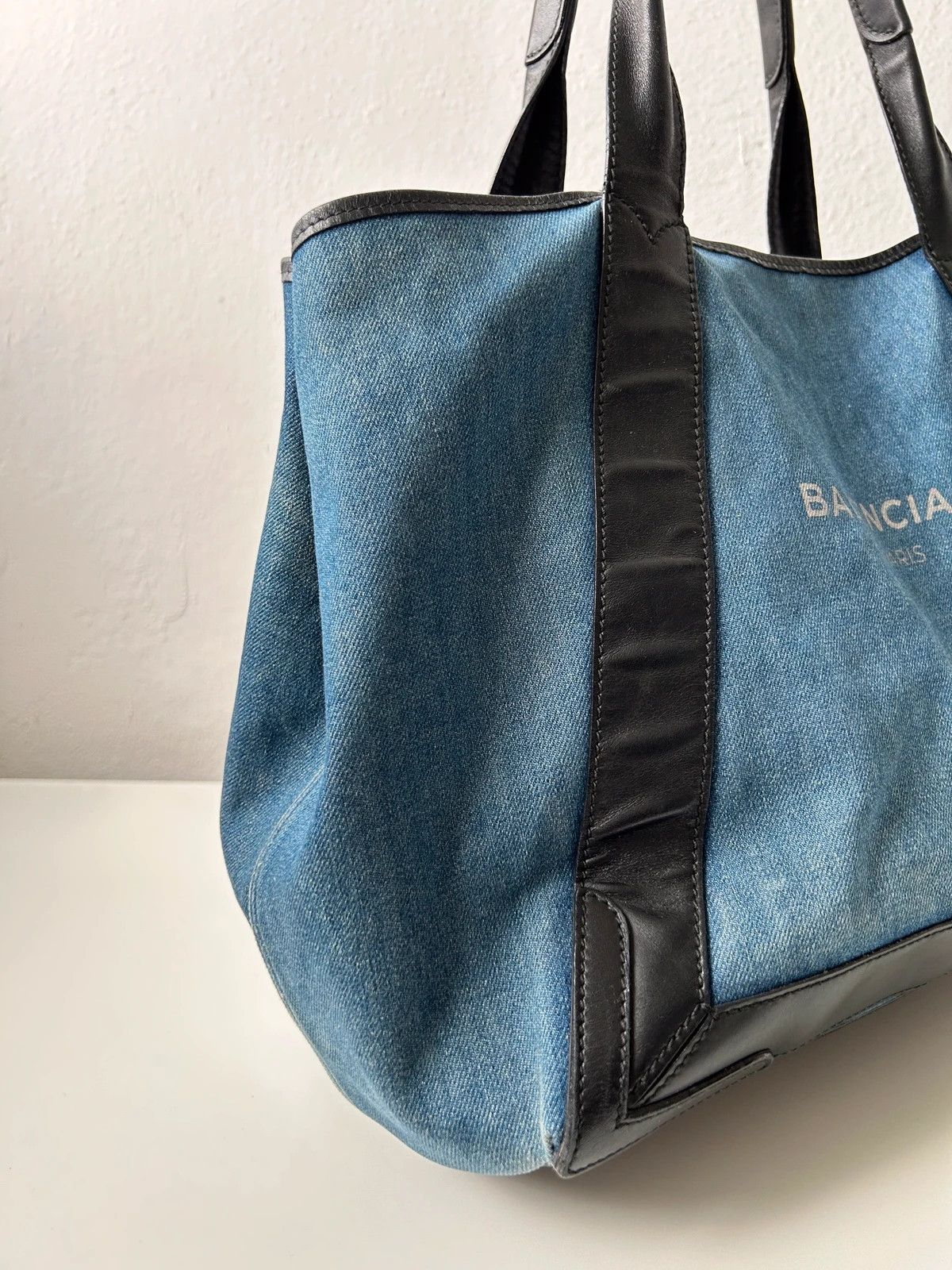 Balenciaga denim leather navy cabas m tote bag with pouch