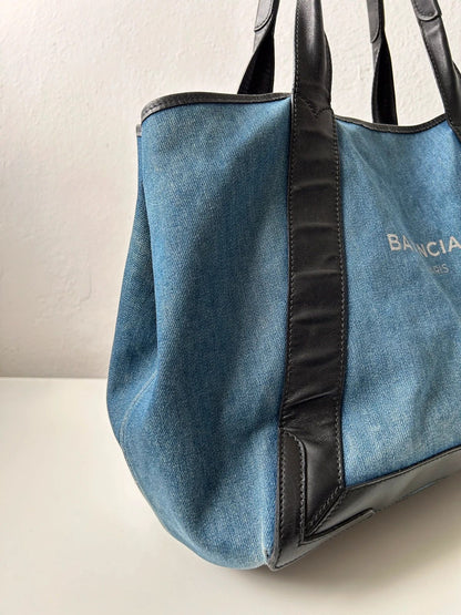 Balenciaga denim leather navy cabas m tote bag with pouch