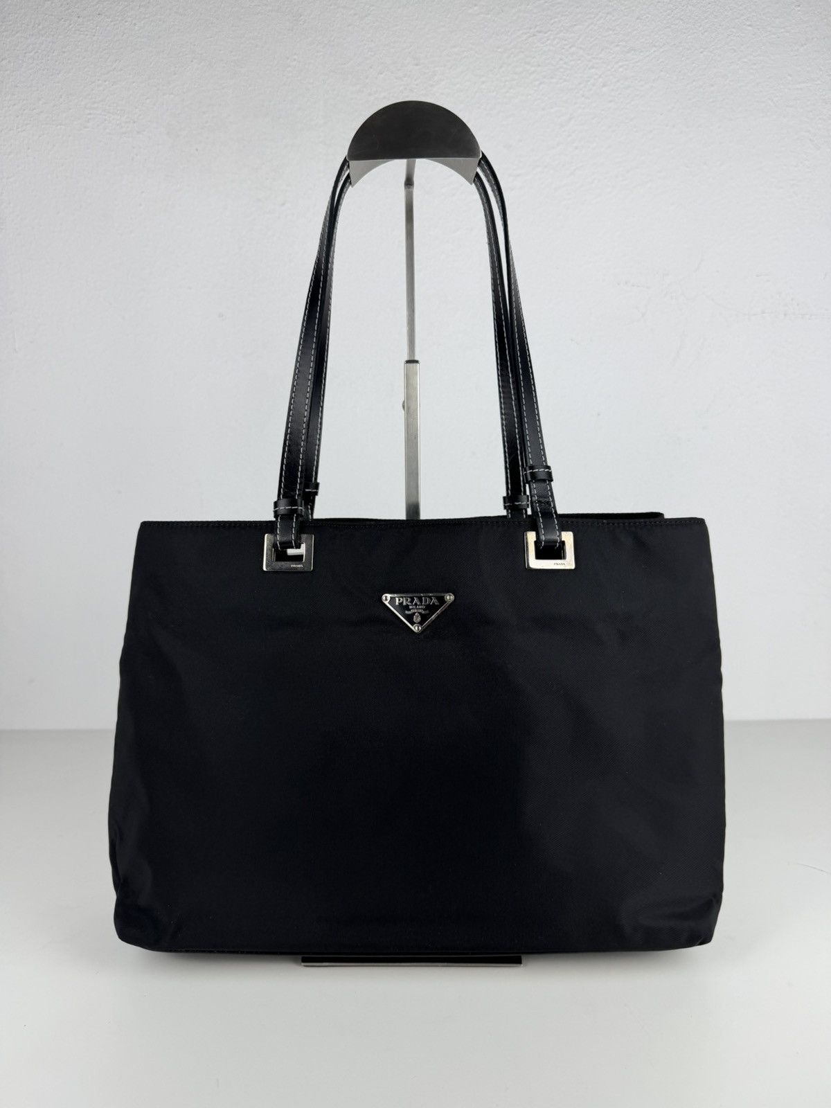 Vintage prada tessuto nylon and leather triangle logo tote