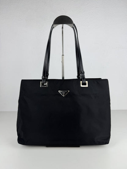Vintage prada tessuto nylon and leather triangle logo tote