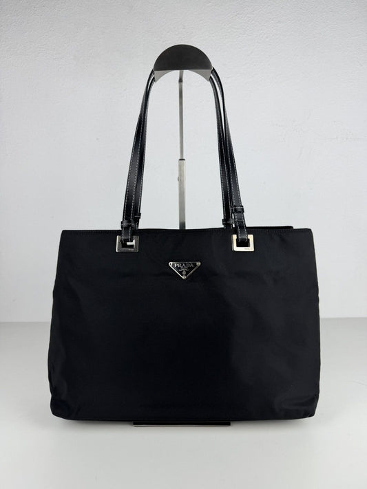 Vintage prada tessuto nylon and leather triangle logo tote