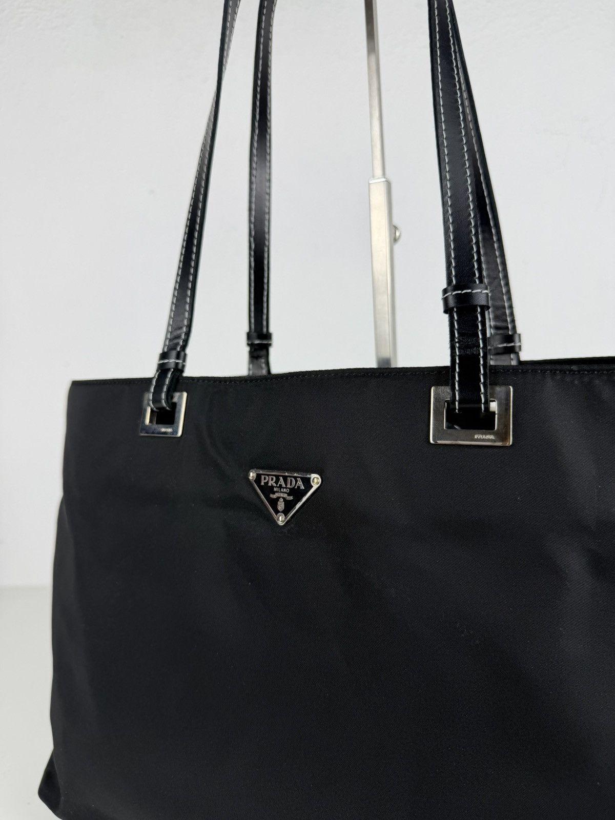 Vintage prada tessuto nylon and leather triangle logo tote