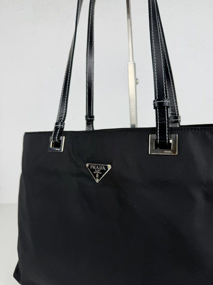Vintage prada tessuto nylon and leather triangle logo tote