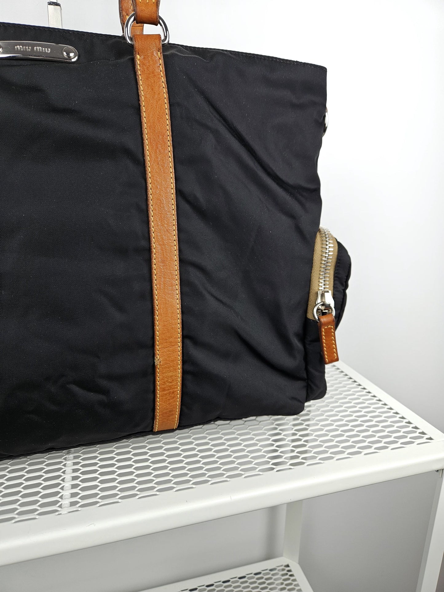 Archive miu miu nylon leather tote bag with cargo pockets