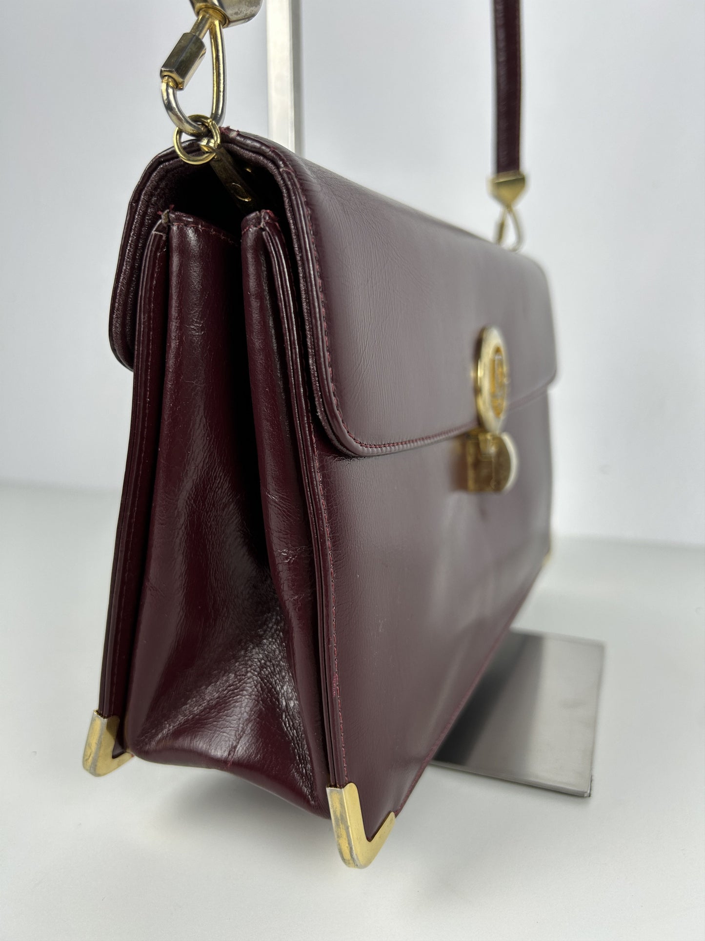 Vintage 80s Dior box calf leather burgundy handbag