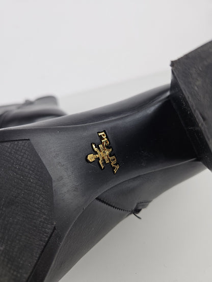 Prada calf leather side zip block heel ankle boots