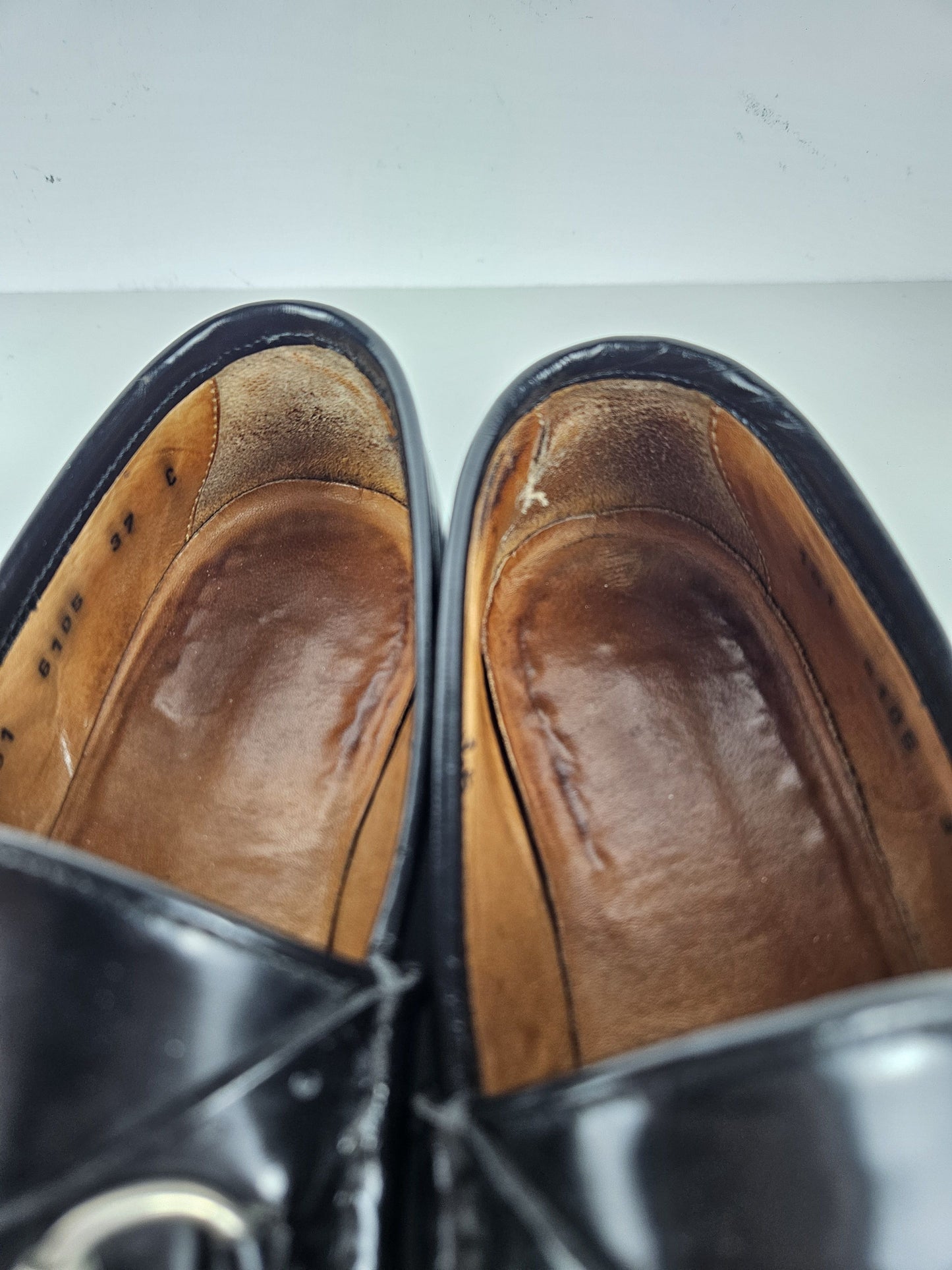 Vintage Gucci notched sole patent leather horsebit loafers